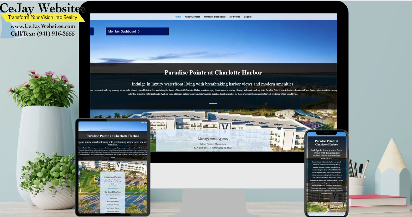 A website for waterfront living is displayed on a desktop, tablet, and phone, with CeJay Websites branding at the top left. ;part of a website strategy, design & SEO system